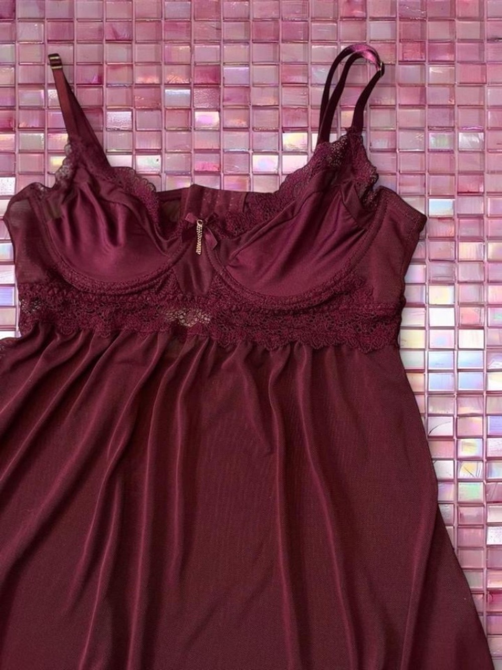 Rachel Burgundy Lace Babydoll Slip Dress with Sheer Mesh Overlay and Lace Trim